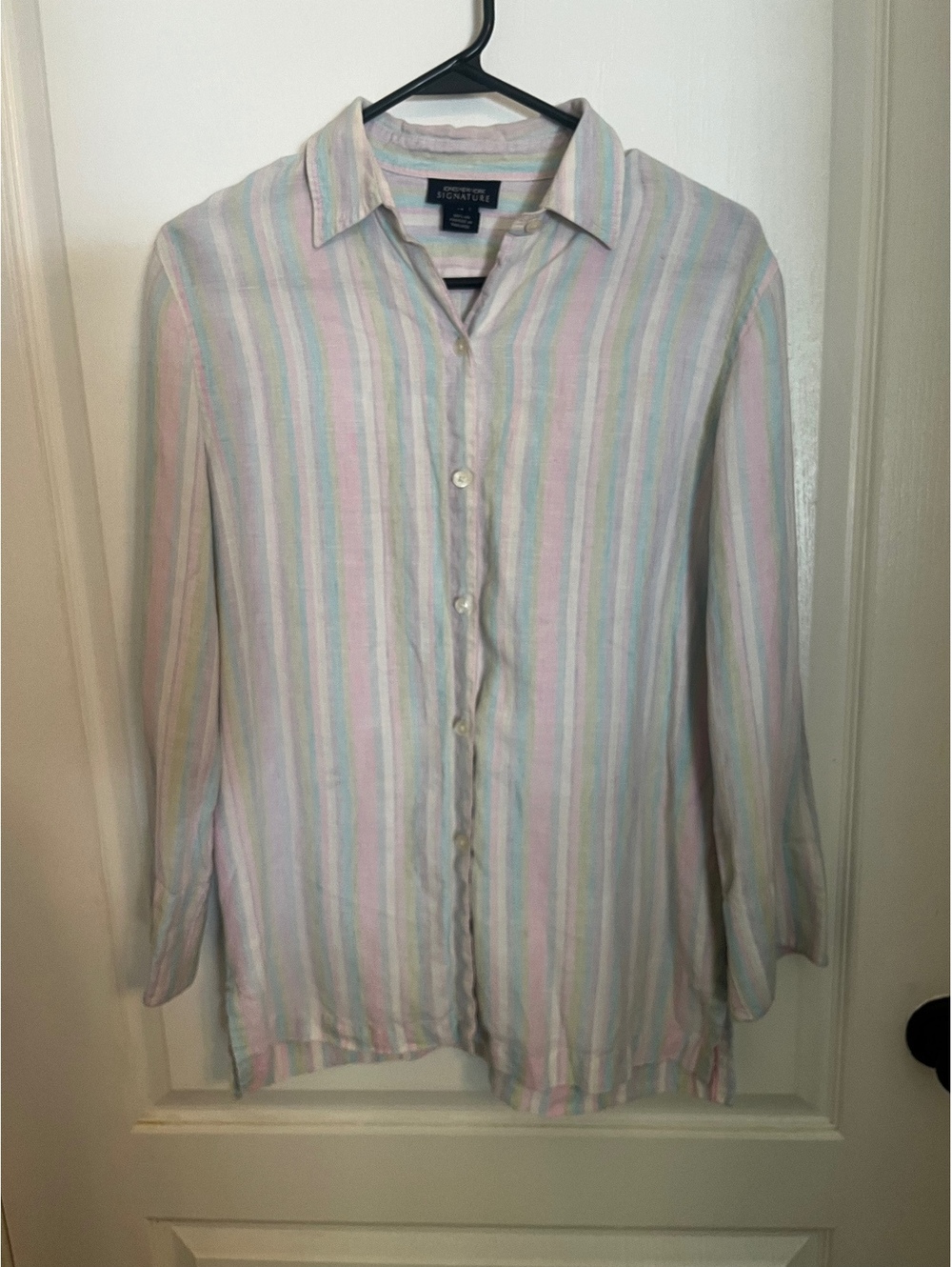 Jones New York Pastel Striped Linen Shirt Collared Button Size Medium Womenโs